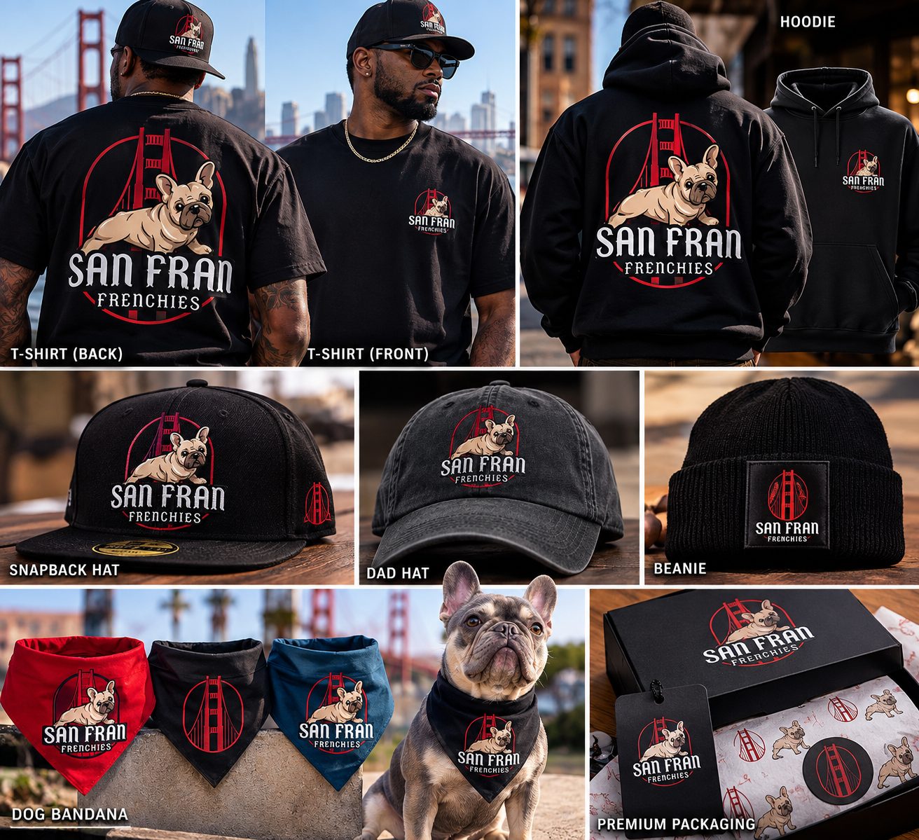 The San Fran Frenchies collection: black t-shirt, hoodie, snapback hat, dad hat, beanie, dog bandanas and gift packaging, all with the Golden Gate Bridge Frenchie logo