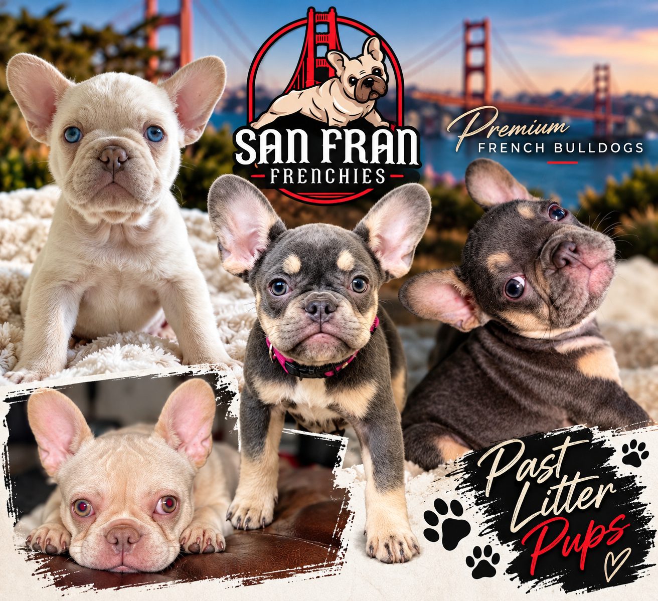 Collage of past San Fran Frenchies litter pups in lilac, fawn and blue-and-tan, in front of the Golden Gate Bridge